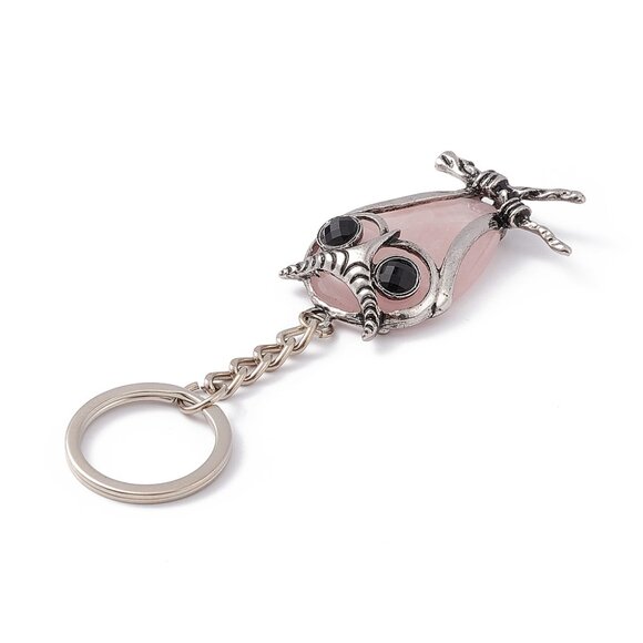 NWOT BIG Owl Natural Rose Quartz Gemstone Pendant Keychain, - Picture 5 of 5